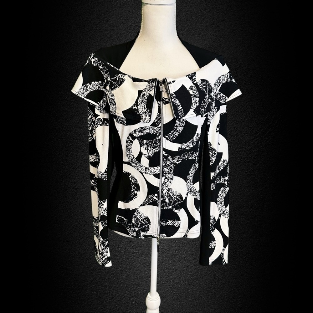 Joseph Ribkoff Black & White Abstract Circle Print Foldover Shoulder Jacket 12